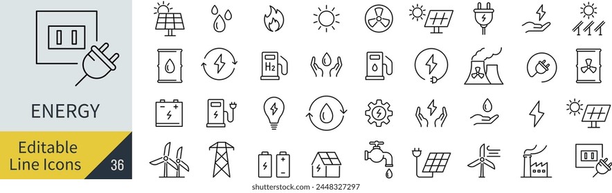 Conjunto de iconos de línea de energía de Vector de línea editable (no esquematizado)