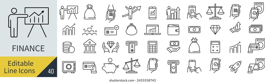 Conjunto de iconos de finanzas de Vector de línea editable (no esquematizado)