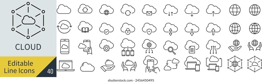 Editable line vector icon set of cloud (not outlined)