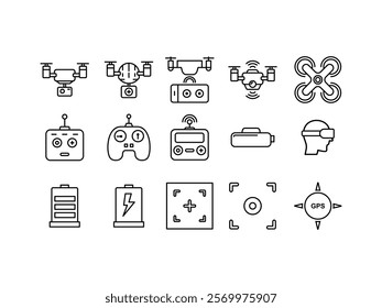 Editable line vector icon set, aerial drones, vr and remote control drones and more.isolated white background