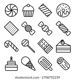 editierbare Linien, Vektorsymbole von Süßigkeiten, Desserts.