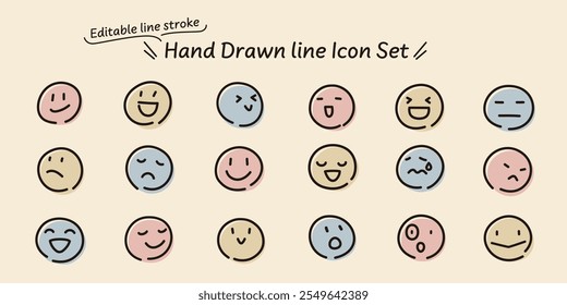 Editable line vector illustration. Hand-drawn vintage style icon set of faces with various expressions