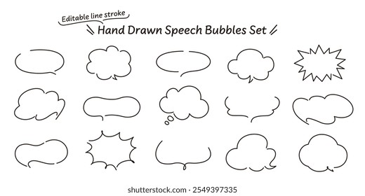 Editable line vector illustration. A set of simple and stylish hand-drawn monochrome speech bubbles