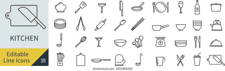 Editable Line Vector Kitchen Icon Set (Not Outlined)