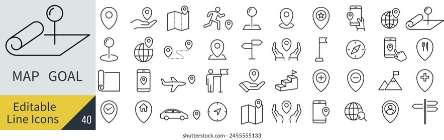 Editable Line Vector Map and Destination Icon Set (Not Outlined)