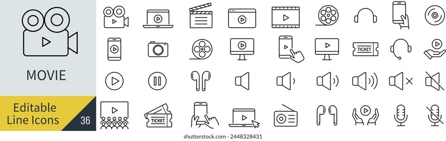 
Editable Line Vector Video Line Art Icon Set (Not Outlined)