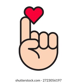 Editable linear icon of finger heart with color fill for Valentine’s Day. Cute K-pop inspired love gesture symbol for romance, dating, social media, apps, stickers, and holiday designs.
