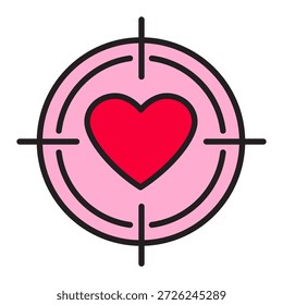 Editable linear icon of target with heart and color fill. Valentine's Day love target, romantic goal symbol, Cupid aim vector. Minimal outline, customizable stroke and red heart