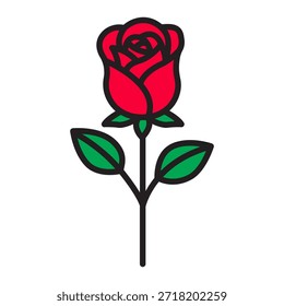 Icono lineal editable de rosa de San Valentín con relleno de color. Símbolo romántico elegante de la flor para el amor, la boda, las citas, la belleza, las tarjetas de felicitación, los App, las pegatinas, y los proyectos del diseño del día de fiesta