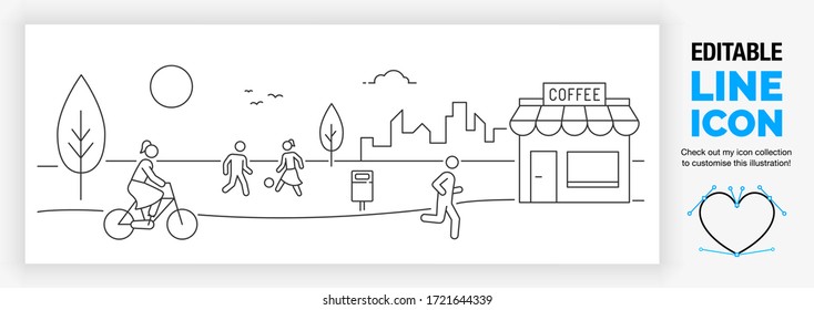 Editable Linear Or Line Illustration Of Iconic Stick Figure People Outside In The Park With Trees, Playing Children And A Person Running In A City With Buildings And A Coffee Shop As A Vector Design