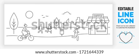 Editable linear or line illustration of iconic stick figure people outside in the park with trees, playing children and a person running in a city with buildings and a coffee shop as a vector design