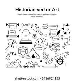 Vector lineal editable que muestra varias antigüedades de arte, reliquias y elementos prehistóricos 