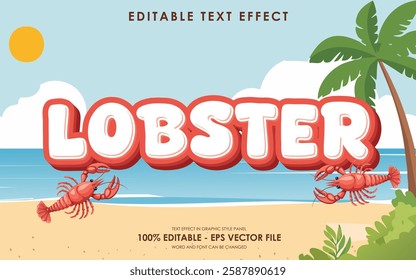 editable lobster sea animal text effect, with beach background and cube lobster illustrations