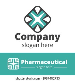 Editable logotype for company. Set of icons for pharmaceutical concept. Green shade color element. Vector print illustration