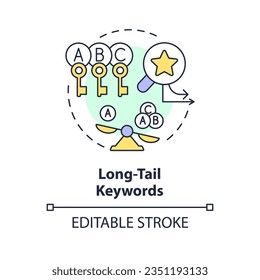 Editable long tail keywords icon concept, isolated vector, AI for SEO thin line illustration.