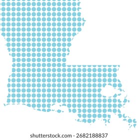 Vetor editável do mapa do estado de Louisiana com preenchimento de padrão de círculo azul em fundo branco. Ilustração decorativa para geografia, educação e projetos de design.