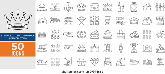 Editable Luxury and Affluence Icon Collection - VIP, Jewelry, Gold, Premium, King, Famous, and High-Value Outline Icons