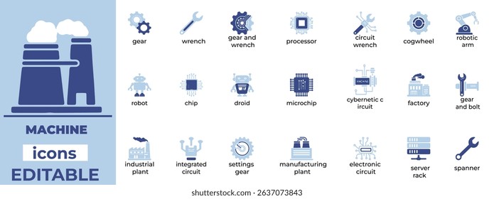 Editable machine icon set in clean line art style. Perfect for industrial, automation, and manufacturing design projects.