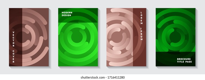 Editable magazine covers layouts. Creative flyer circles spiral motion vector backgrounds. Aim goal achievement circles concept. Flat notebook title pages collection.