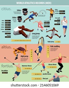 Editable male athletics best performance infographic. The world's top performers in field and track athletics. Distance, height and speed. Various modalities.