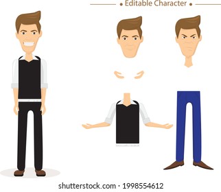 Editable male character. set of men body parts. different face expression vector illustration.
