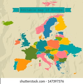 Editable map of Europe with all countries. Vector illustration EPS8