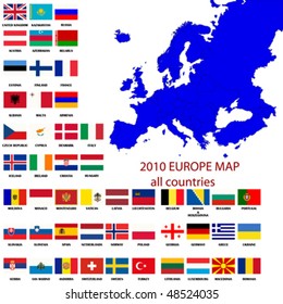 Editable map of Europe- all countries with borders and official flags in original colors