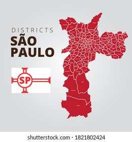 Editable map showing the districts of the city of São Paulo, Brazil according to the divisions used in the elections and in the government administration.