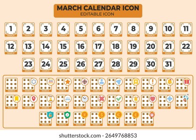 Conjunto de iconos de calendario de marzo editables con números de día y diseño de Elementos decorativos