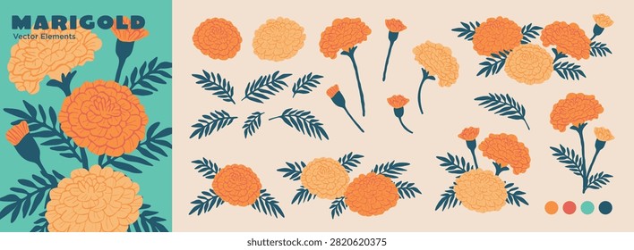 Editable Marigold Flower Element Set