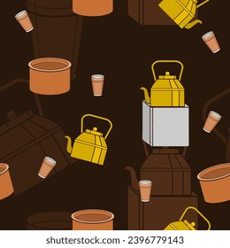 Editable Masala Chai with Its Brewing Equipment Vector Illustration Seamless Pattern With Dark Background for South Asian Beverages Culture and Tradition Related Design