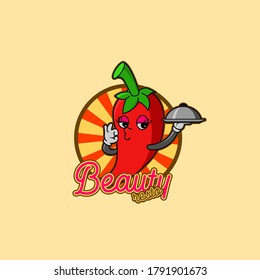 editable mascot logo beautiful chili chef holding a plate food 