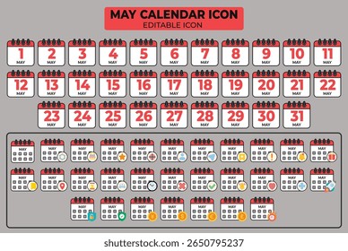 Editable May Calendar Icon Set with Marked Dates and Special Event Indicators calendar dates month