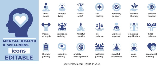 Editable Mental Health and Wellness Vector Icons perfect for therapy, self care, mindfulness and well being. Clean and modern