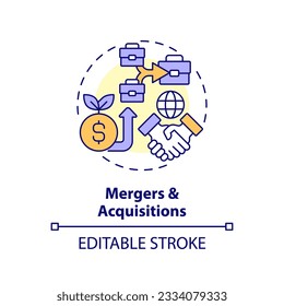 Editable merger and acquisitions icon, isolated vector, foreign direct investment thin line illustration.