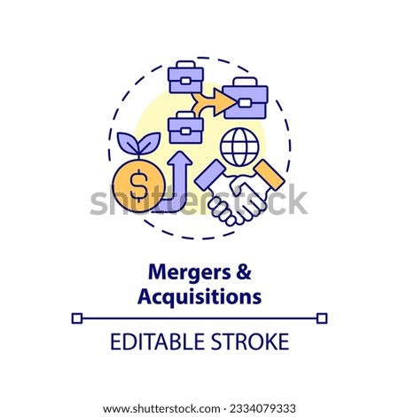 Editable merger and acquisitions icon, isolated vector, foreign direct investment thin line illustration.