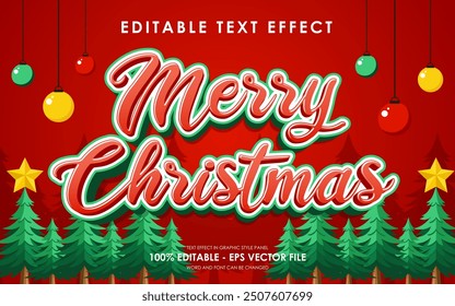 Editable Merry Christmas Text Effect with a Christmas tree and decorations in the background, suitable for a Christmas theme design