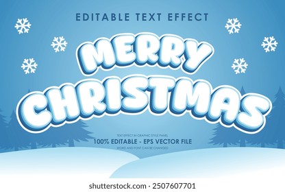 Editable Merry Christmas Text Effect with snow covered pine tree expanse background, perfect for Christmas theme designs