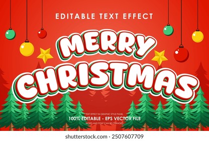 Efecto de texto de Navidades alegres editables con un árbol de Navidad y decoraciones en el fondo, adecuado para un diseño de tema de Navidades