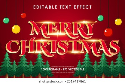 Editable Merry Christmas Text Effect with a Christmas tree and decorations in the background, with lens flare gold effect, suitable for a Christmas theme design