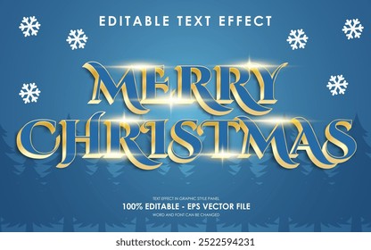 Editable Merry Christmas Text Effect with a Christmas tree in the background, with lens flare gold effect, suitable for a Christmas theme design