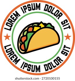 Plantilla editable de la insignia del restaurante mexicano del taco con el texto reemplazable. Colorido emblema circular vintage para la marca de alimentos, menús y diseños de embalaje.