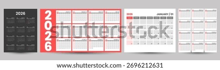 editable minimal calendar design 2026. Week starts on Sunday. Place for notes. Minimalist trendy design for desktop design calendar planner.