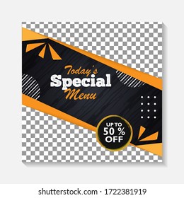 Editable minimal square banner post template. Black, yellow, orange background layout template for food and drink business. Suitable for social media post and web internet ads. Vector illustration