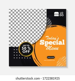 Editable minimal square banner post template. Black, yellow, orange background layout template for food and drink business. Suitable for social media post and web internet ads. Vector illustration