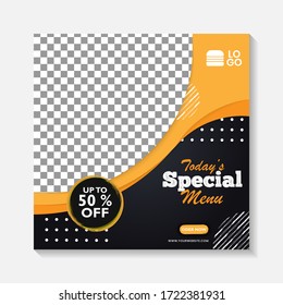 Editable minimal square banner post template. Black, yellow, orange background layout template for food and drink business. Suitable for social media post and web internet ads. Vector illustration