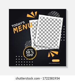 Editable minimal square banner post template. Black, yellow, orange background layout template for food and drink business. Suitable for social media post and web internet ads. Vector illustration