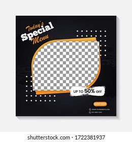 Editable minimal square banner post template. Black, yellow, orange background layout template for food and drink business. Suitable for social media post and web internet ads. Vector illustration