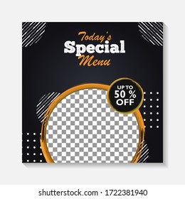 Editable minimal square banner post template. Black, yellow, orange background layout template for food and drink business. Suitable for social media post and web internet ads. Vector illustration