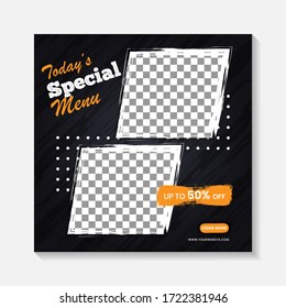 Editable minimal square banner post template. Black, yellow, orange background layout template for food and drink business. Suitable for social media post and web internet ads. Vector illustration